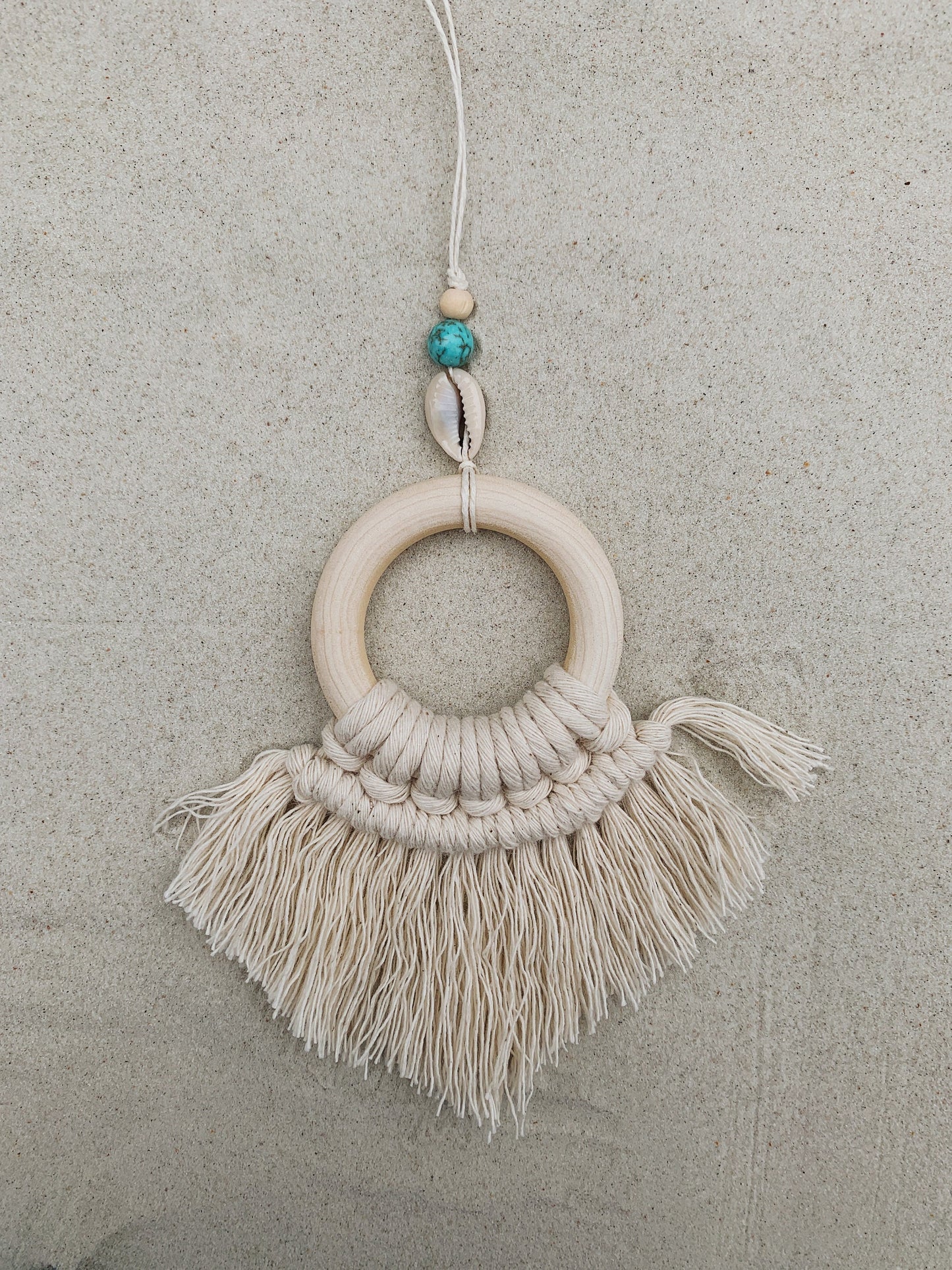 boho macrame rearview mirror charm with shell & stone (turquoise)