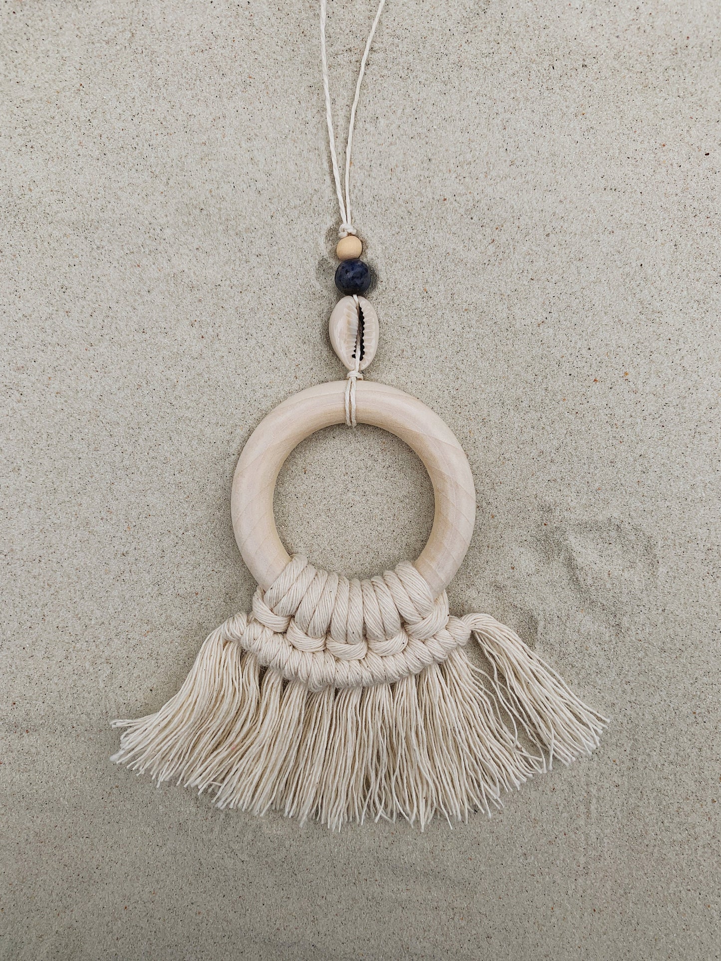 boho macrame rearview mirror charm with shell & stone (blue sodalite)