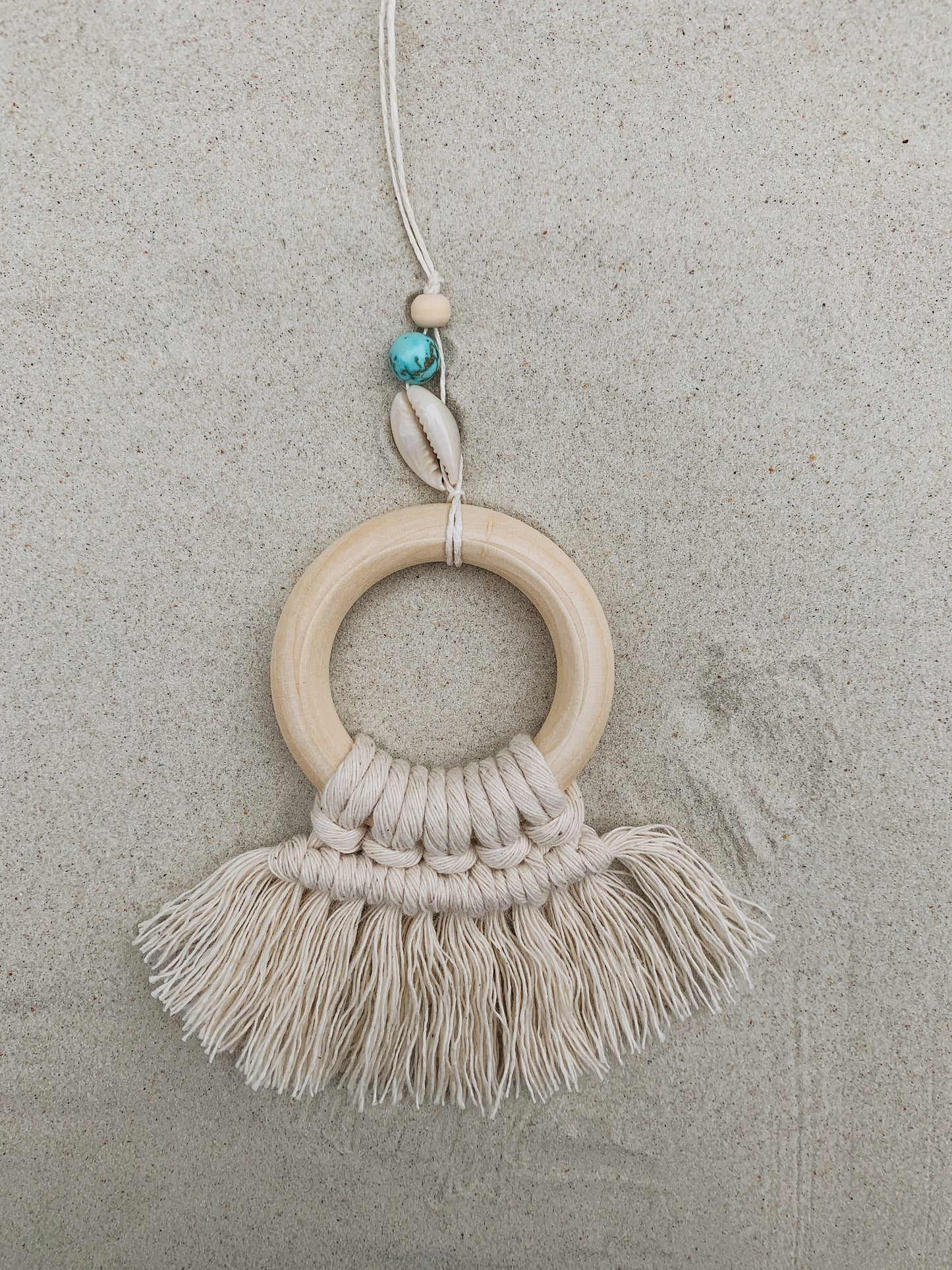 boho macrame rearview mirror charm with shell & stone (turquoise)