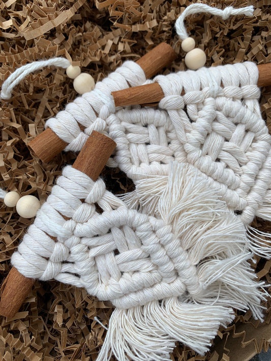 boho macrame ornament with cinnamon stick